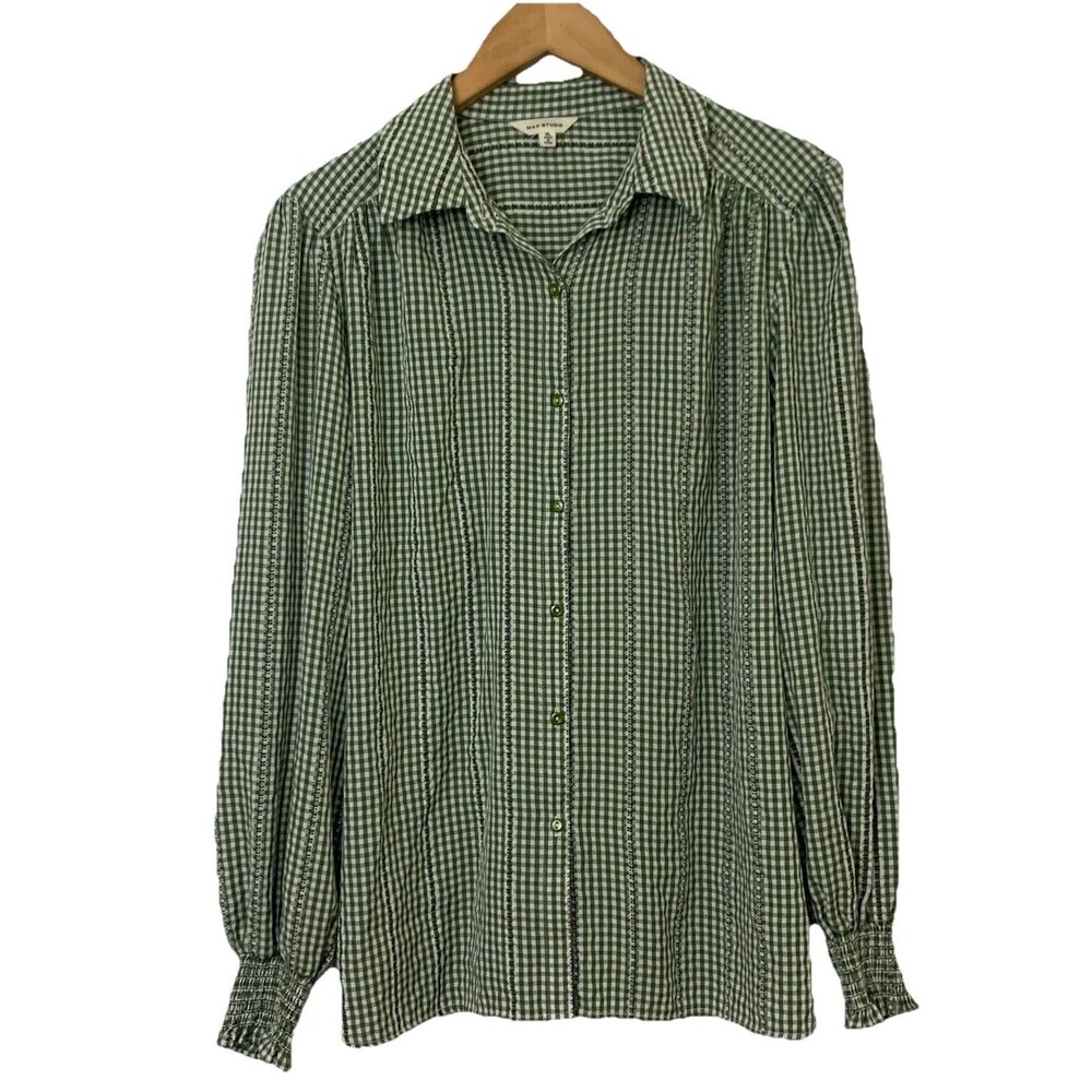 Max Studio Gingham Check Button-Down Shirt Sz XL Long Sleeve Green White Peasant